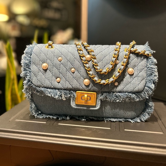 KARL LAGERFELD PARIS Quilted Agyness Light Blue Denim Shoulder Bag - Picture 4 of 7